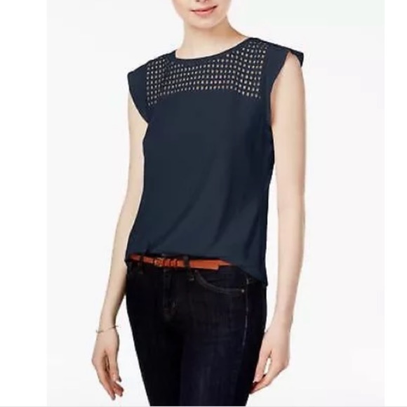 MAISON JULES Navy Eyelet Flutter Sleeves Top S - Picture 1 of 5